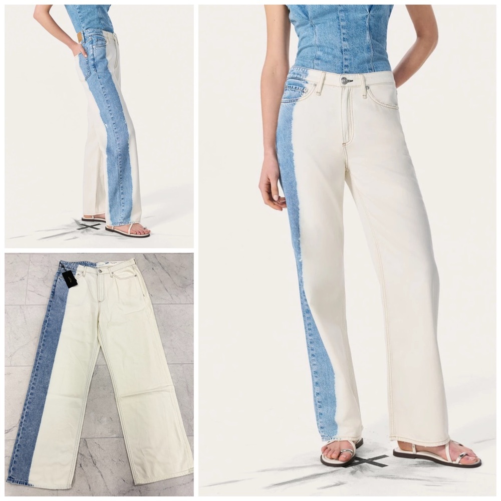 rag & bone Two-Tone Cream and Light Blue Wide Leg Jeans